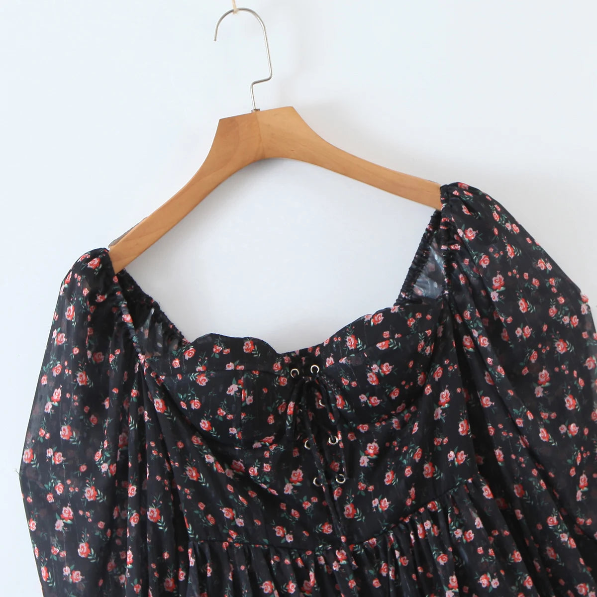 2022 Women Sexy Cross Bandage Black Flower Print Puff Long Sleeve Dress 3 layer Wood Ears Ruffles Hem Cake Mini Holiday Robe