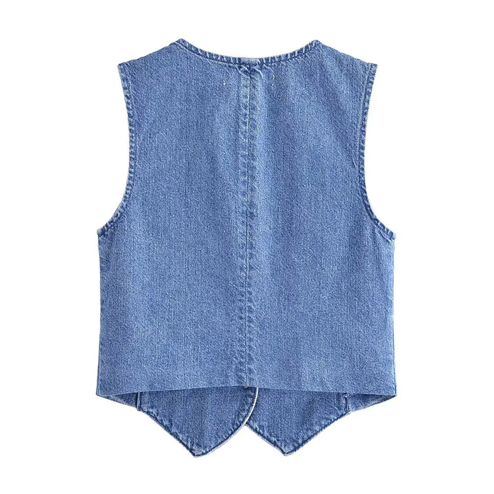 TRZA Women Fashion Front Button Denim Waistcoat Vintage V Neck Sleeveless Female Outerwear Chic Vest Tops