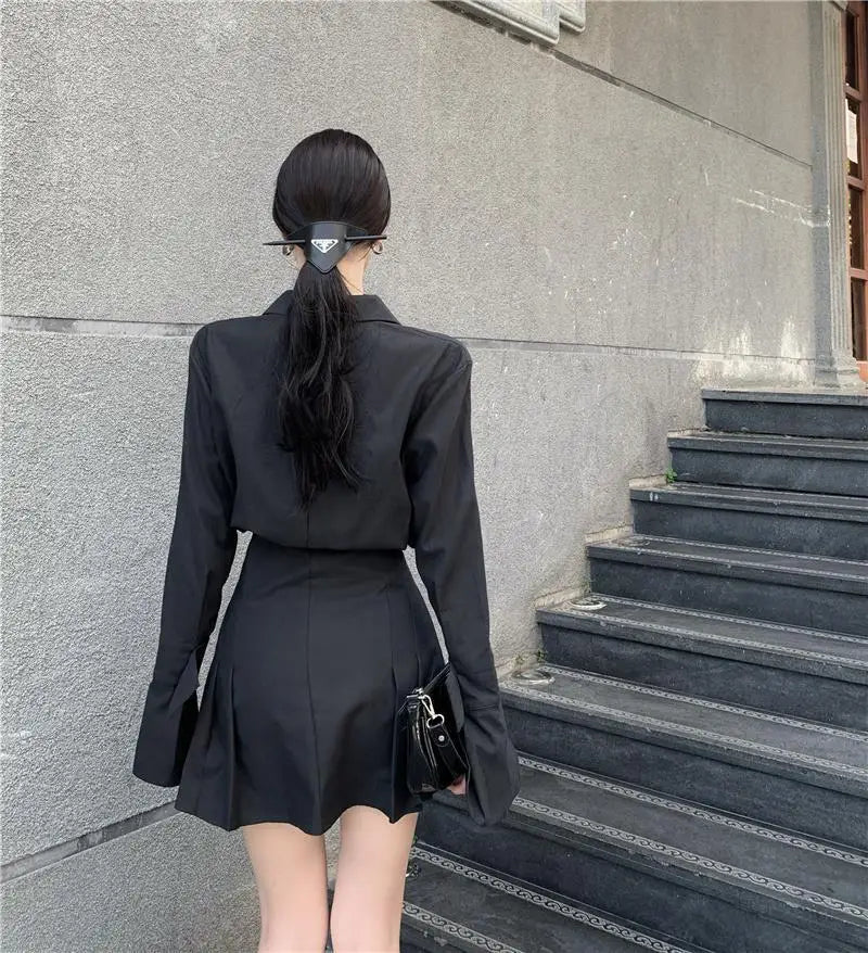 HOUZHOU Black Shirt Dress Women Elegant Vintage Long Sleeve Dresses Sexy Gothic Pleated Streetwear Turn-down Collar Casual Robe