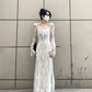 2024 Spring Vintage Lace Dress Women Casual Even Party Dress Korean Fashion Clothing Outwear Slim Bodycon Black Dress Female Y2k