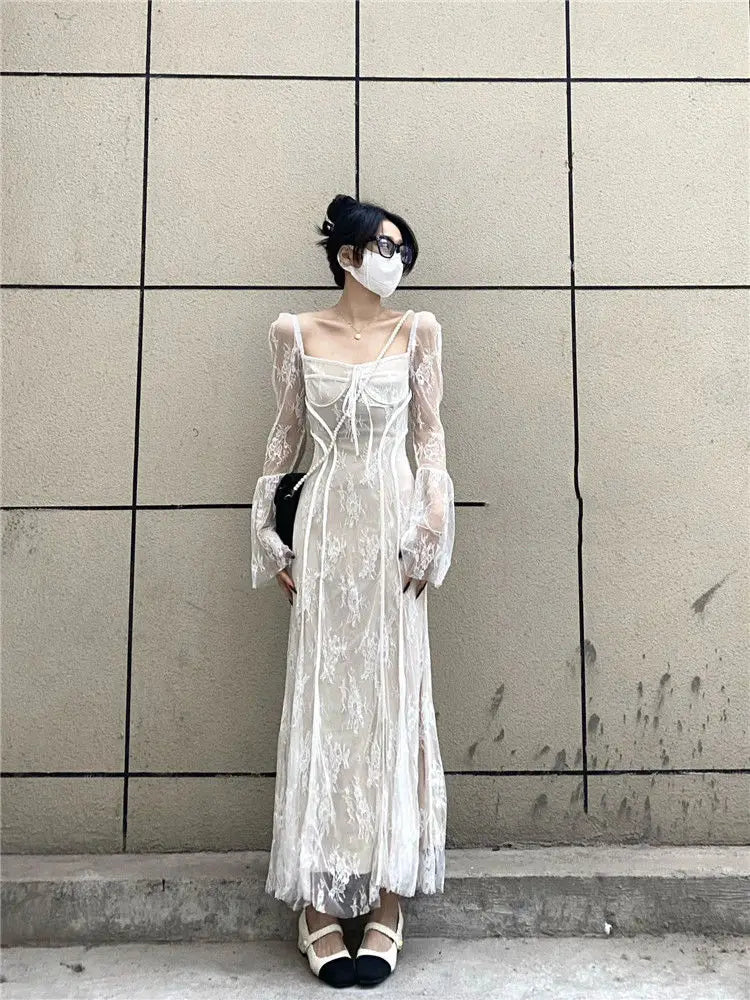 2024 Spring Vintage Lace Dress Women Casual Even Party Dress Korean Fashion Clothing Outwear Slim Bodycon Black Dress Female Y2k