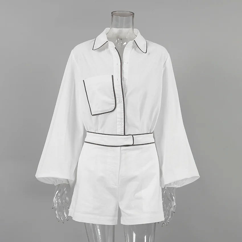 Bornladies 100% Cotton Casual Fashion Long Sleeve Set Summer Women's Pocket Black White Chic Shirt Shorts Loose Two-piece Set