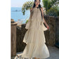 Vintage Women Beige Elegant Off Shoulder Evening Party Dress Summer Sleeveless Vacation Pleated Halter Cake Long Sundress Simple