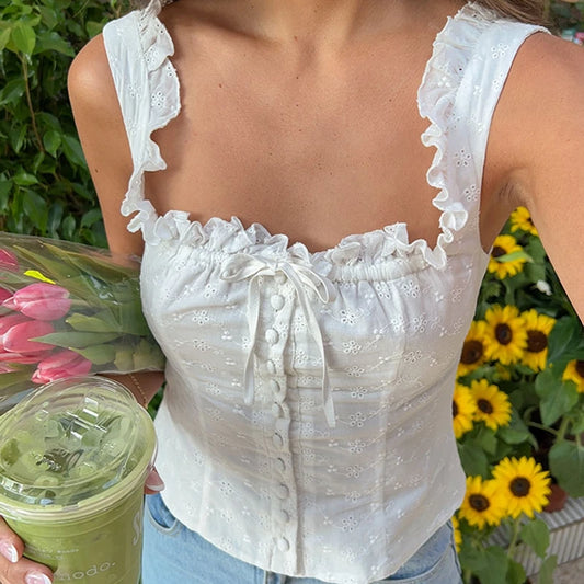 Ruffles Frill Trim Button Up White Vest Fairycore Outfits Y2K Kawaii Retro Crop Tops French Vintage Jacquard Eyelet Tank Tops