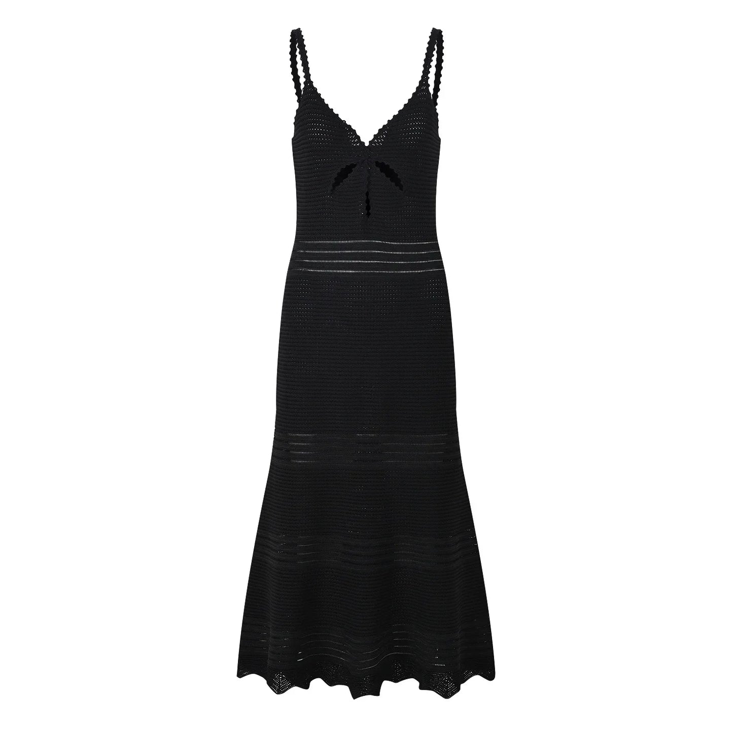 Black Spaghetti Strap Mermaid Dress Women's 2024 New Hollow Out Knitted Slim Mid-Calf Dresses