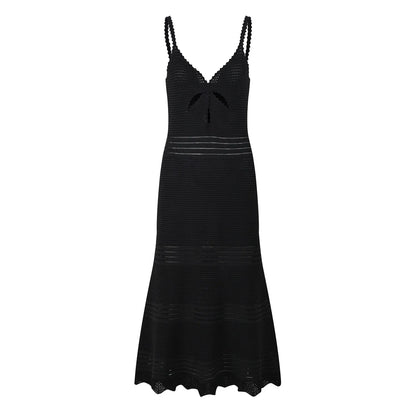 Black Spaghetti Strap Mermaid Dress Women's 2024 New Hollow Out Knitted Slim Mid-Calf Dresses