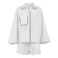 Bornladies 100% Cotton Casual Fashion Long Sleeve Set Summer Women's Pocket Black White Chic Shirt Shorts Loose Two-piece Set