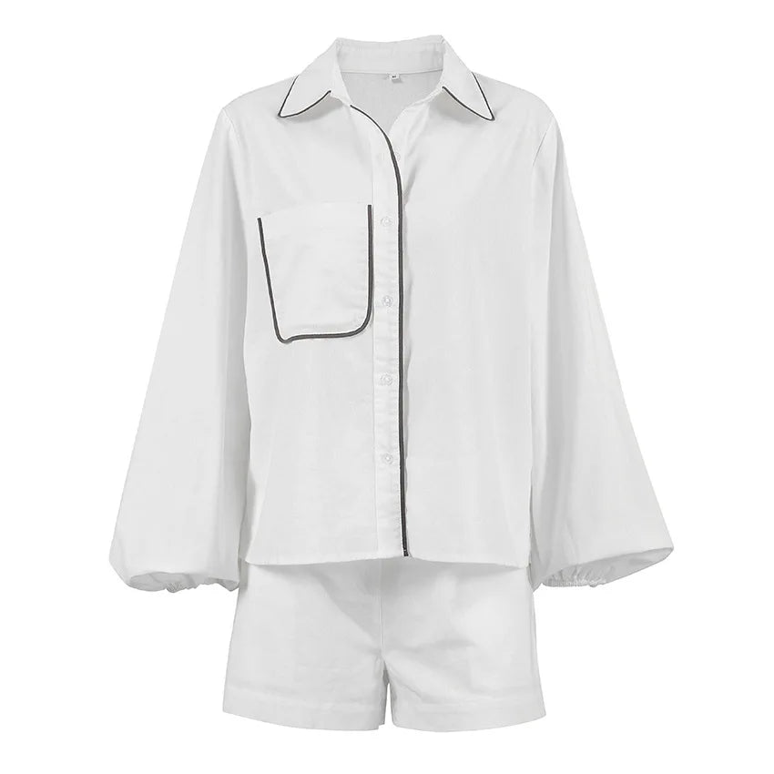 Bornladies 100% Cotton Casual Fashion Long Sleeve Set Summer Women's Pocket Black White Chic Shirt Shorts Loose Two-piece Set