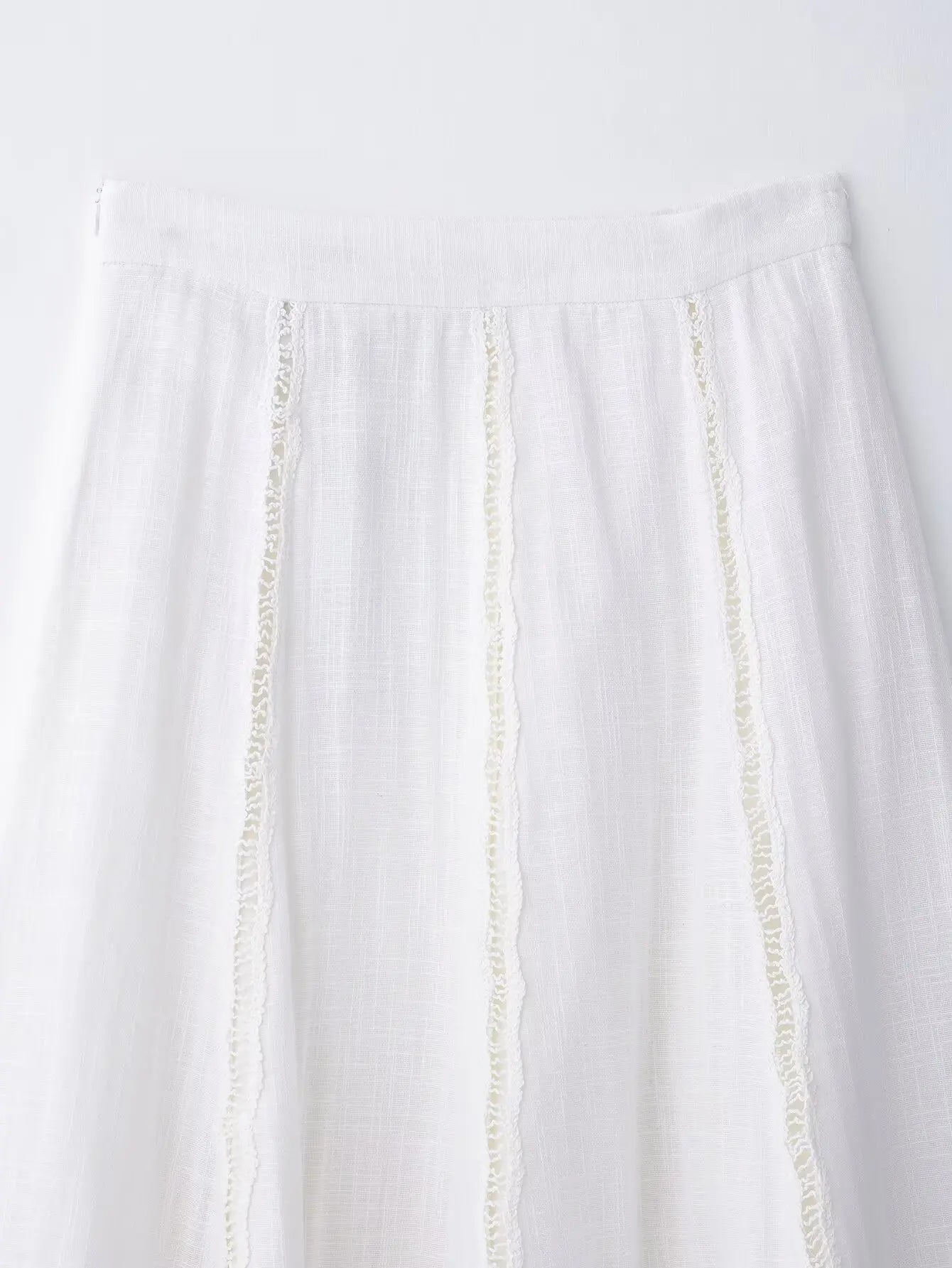 TRAFZA Women Fashion O-Neck Crocheting Details White Skirt Suit Short-sleeve Blouse+Side Zipper White Pleated Midi Se Long Skirt