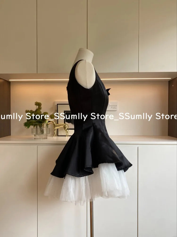 French Elegant Princess Style Slim Dress Women Mesh Black White Contrasting Puffy Dresses Summer Hepburn Chic Party Clothes 2025