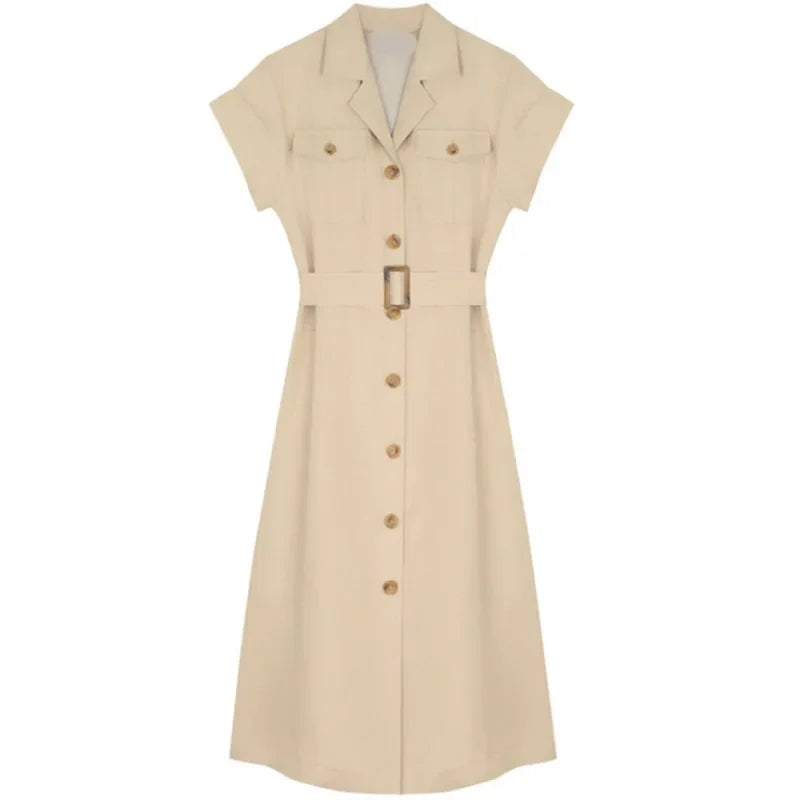 Korean Chic Retro Stand Collar Multi-Pocket Design Ring Buckle Waist Cinching Short Sleeve Dress with Belt Women's Dress