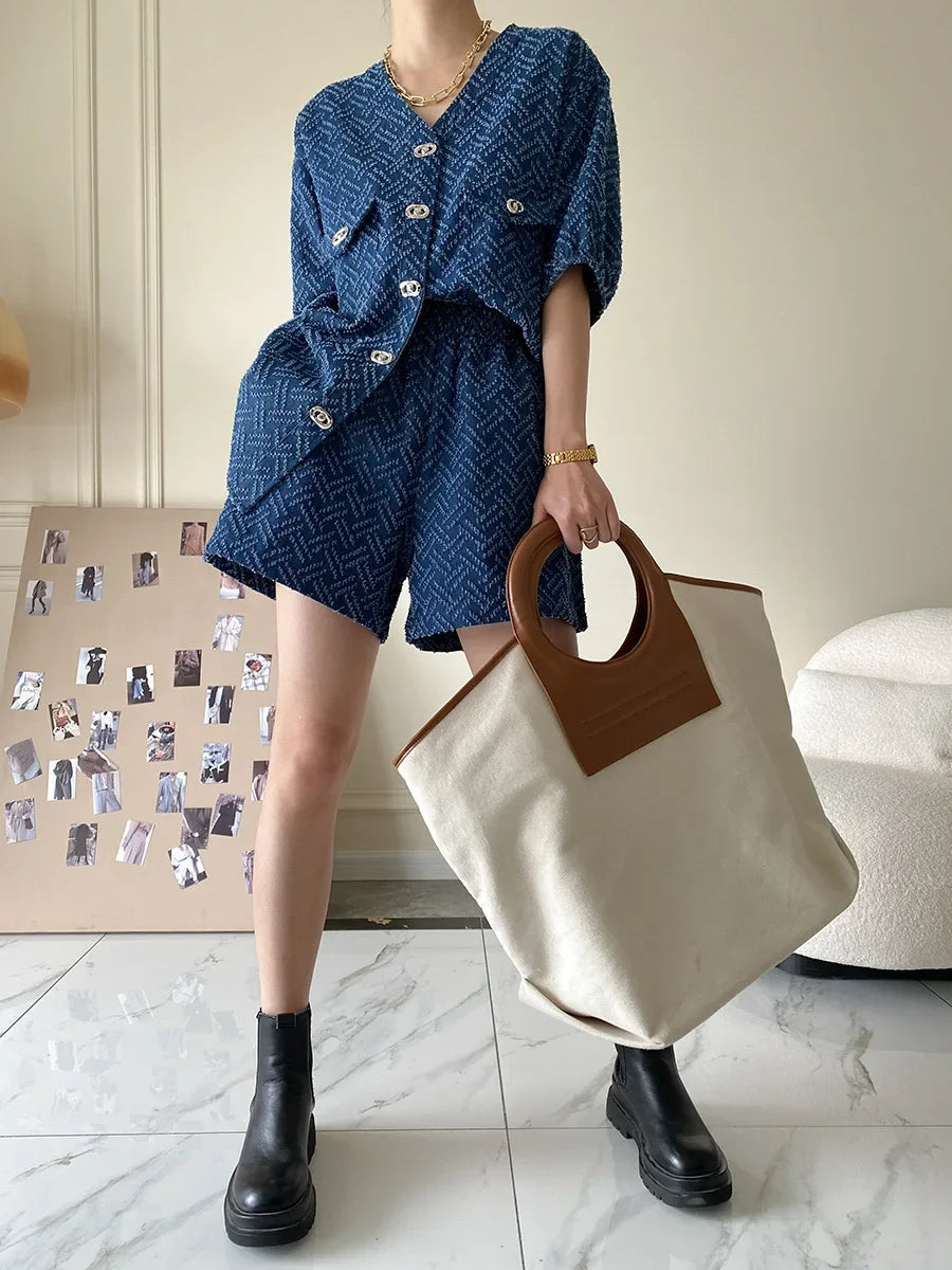 Women's Denim Short Sleeve Top and Shorts Two Piece Suit French Fashion Spring Summer Cowgirl Top Streetwear Korean Leisure New