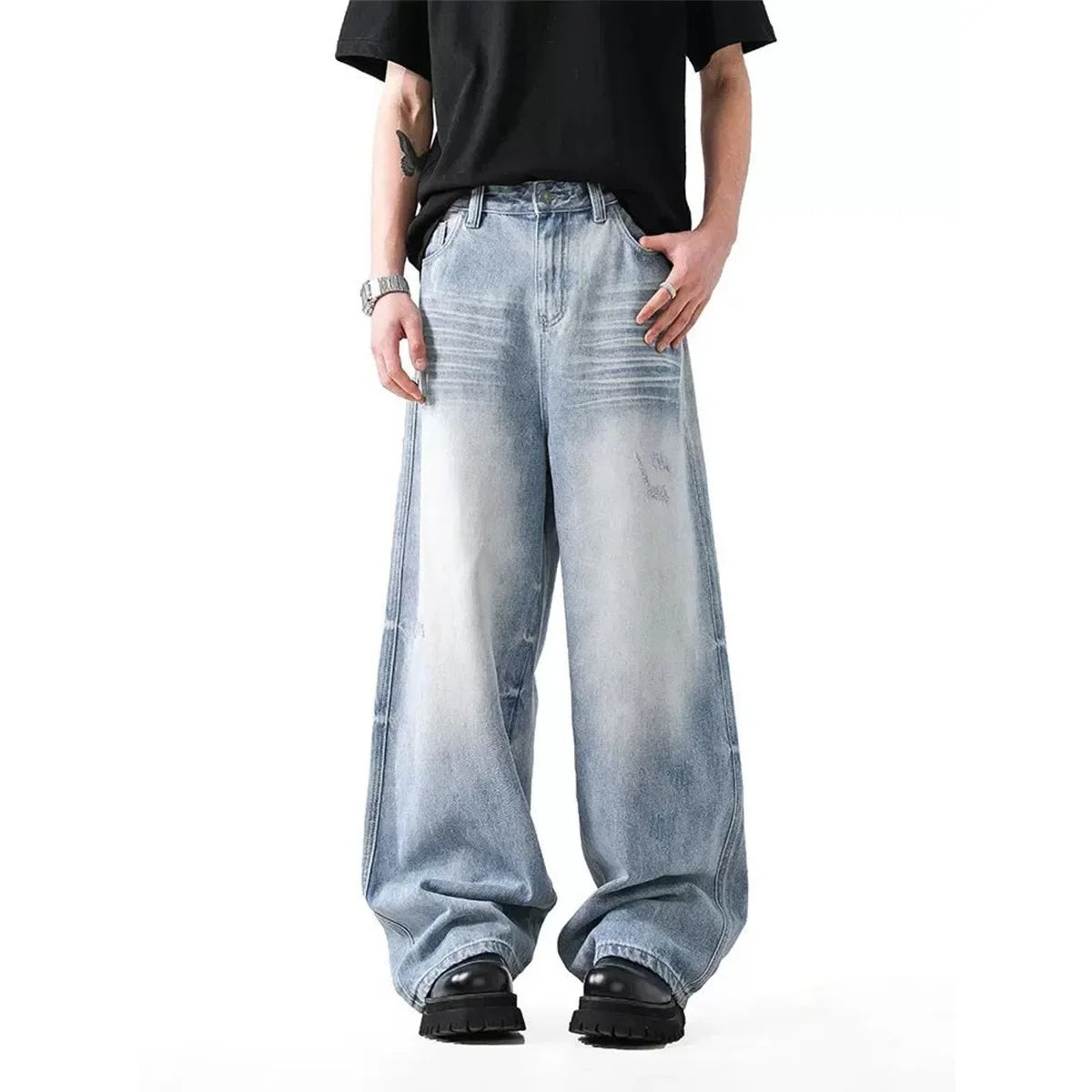 Retro American Light Blue Denim Jeans Loose Wide Leg Straight Floor-Length Trousers for Men And Women Autumn Fashion Brand