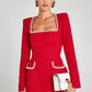 Talenza Long Sleeve Tweed Dress Women's Elegant Square Neck Luxury Party Evening Gown Retro Slim Patchwork Short Dress Vestido