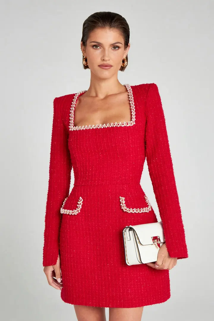 Talenza Long Sleeve Tweed Dress Women's Elegant Square Neck Luxury Party Evening Gown Retro Slim Patchwork Short Dress Vestido