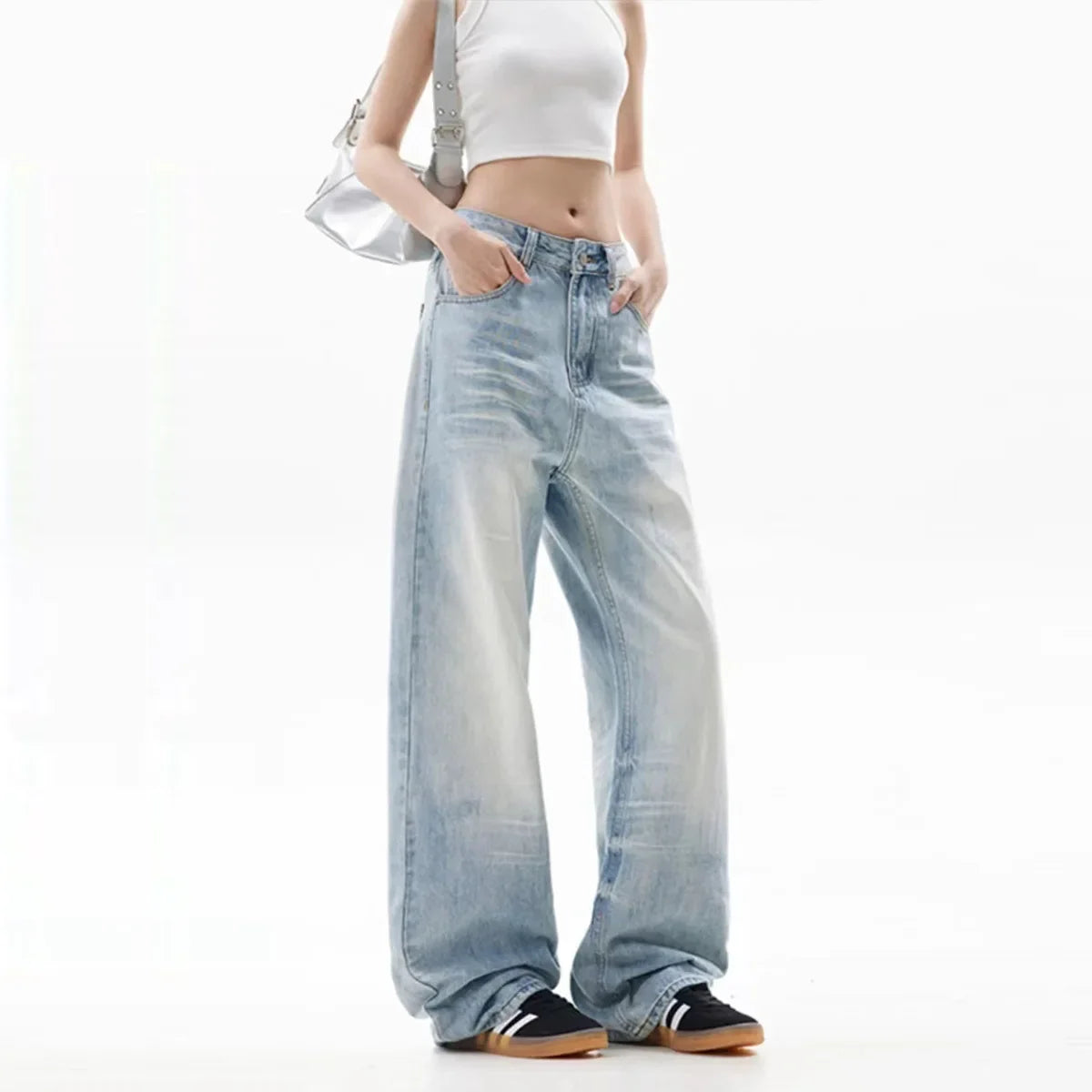 Retro American Light Blue Denim Jeans Loose Wide Leg Straight Floor-Length Trousers for Men And Women Autumn Fashion Brand