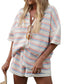 Women Casual 2 Pieces Set Loungewear Matching Suits Stripe Contrast Color Button Crochet Knit Blouse Tops + Shorts Outfits