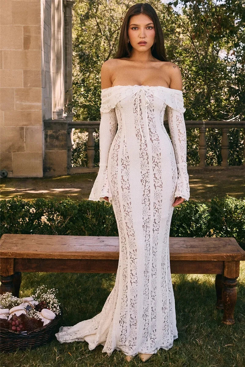 Oligai Winter Lace Long Sleeve Evening Party Dresses Women 2025 Black Sexy Elegant Maxi Dress Fashion Long Wedding Guest Dress