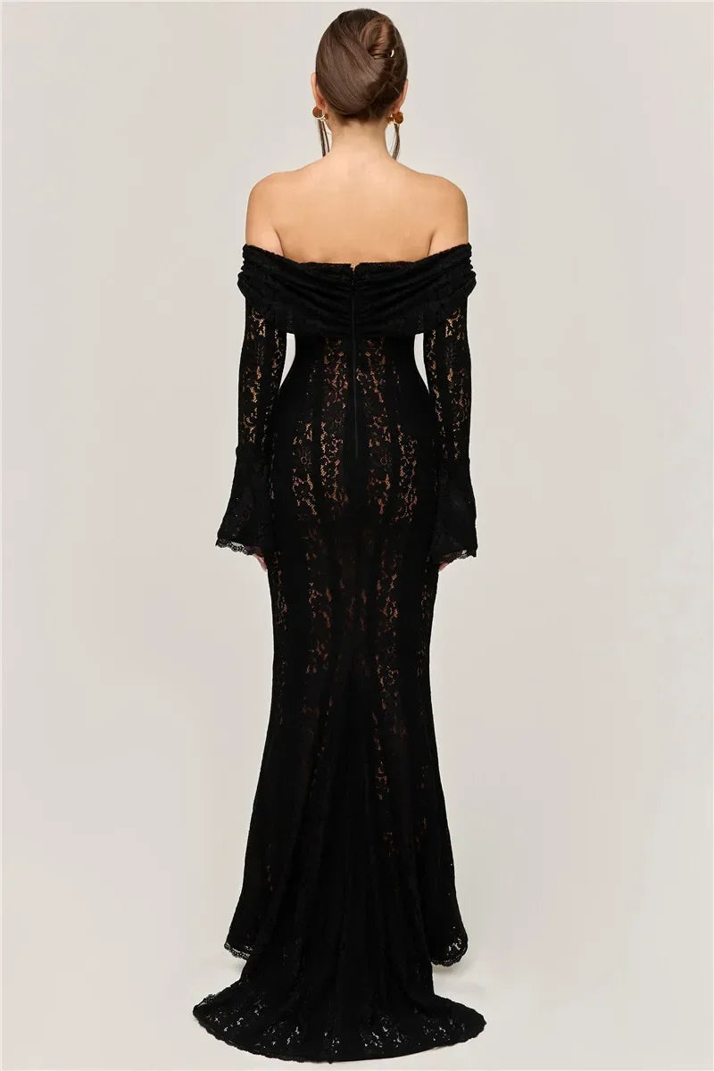 Oligai Winter Lace Long Sleeve Evening Party Dresses Women 2025 Black Sexy Elegant Maxi Dress Fashion Long Wedding Guest Dress