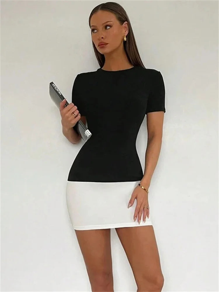 Tossy Summer Female Contrast Mini Dress Casual High Waist Short Sleeve Sexy Skinny Patchwork Bodycon Dress Women's Mini Dress