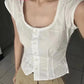 2024 New White Lace Tied Square Neck Summer T-shirts Chic Elegant Short Sleeve Tee Cotton Y2K Street Casual Bow Tie-up Top Women