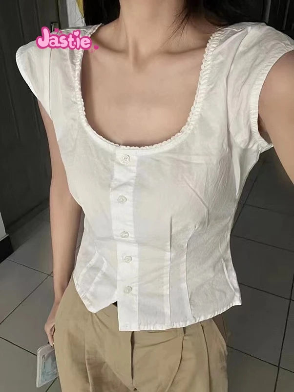 2024 New White Lace Tied Square Neck Summer T-shirts Chic Elegant Short Sleeve Tee Cotton Y2K Street Casual Bow Tie-up Top Women