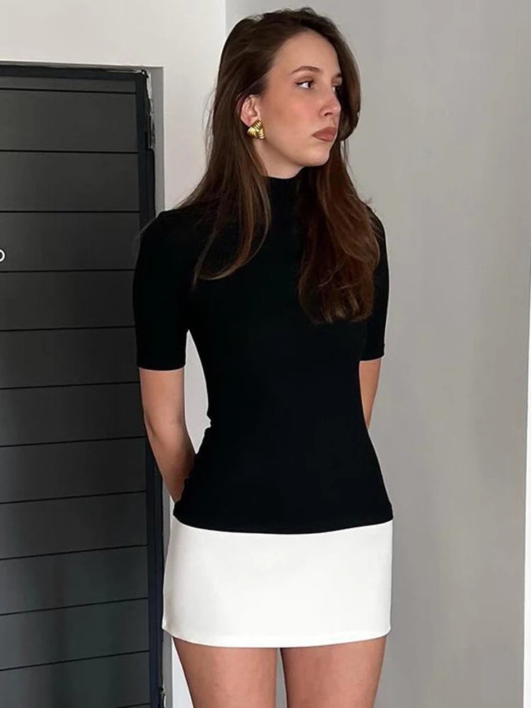 TARUXY Contrast Color Slim Mini Dress Female High Waist Splice Sexy Party Dress Half Turtleneck Women's Elegant 2024 Autumn New