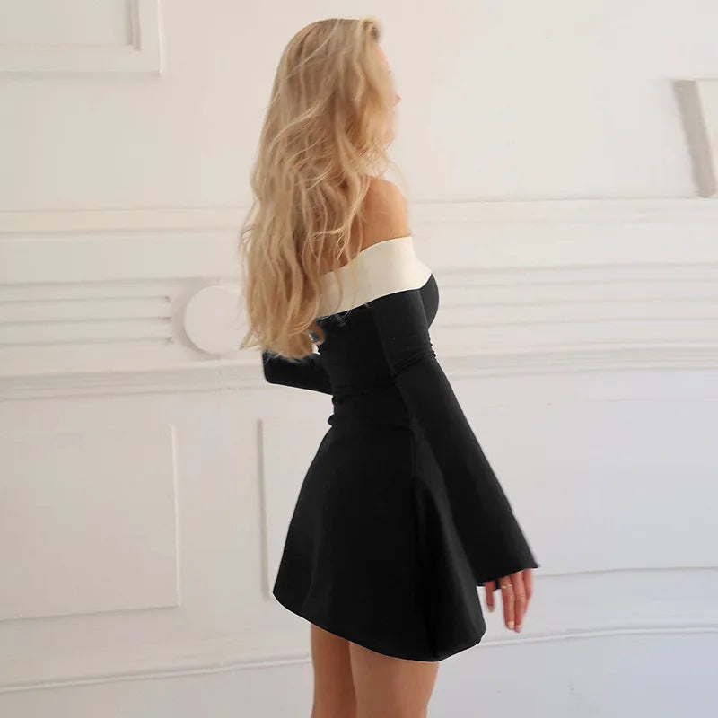 Talenza Elegant Backless Patchwork Mini Dress Women's Sexy One Shoulder Long Sleeve A-Line Dress Solid Slim Resort Mini Dress