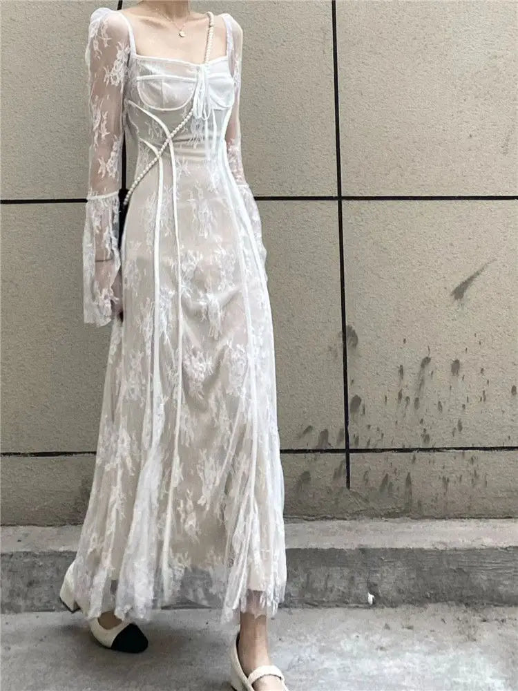 2024 Spring Vintage Lace Dress Women Casual Even Party Dress Korean Fashion Clothing Outwear Slim Bodycon Black Dress Female Y2k