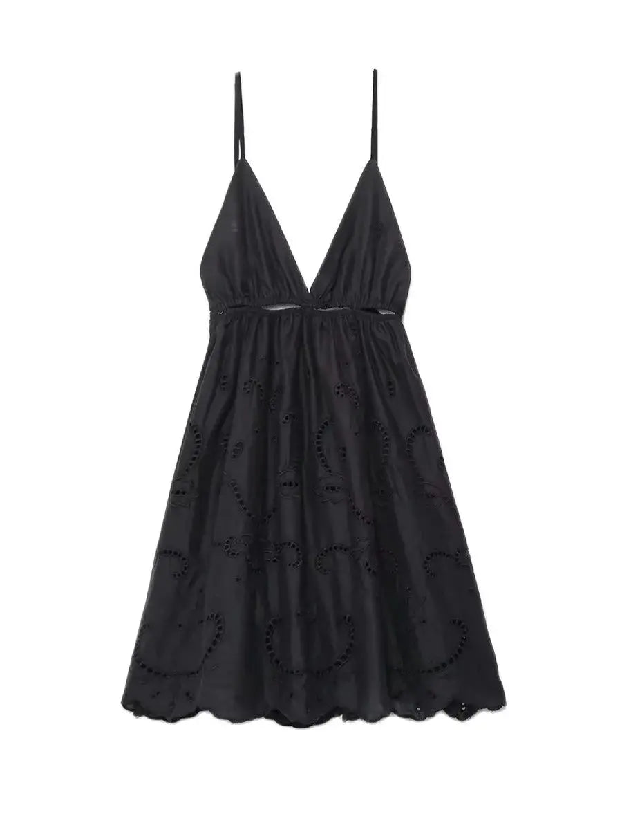 XNWMNZ 2024 Women Fashion Hollow out Embroidery Dress Vacation V-Neck Thin Strap Open Back Female Chic Mini Dresses