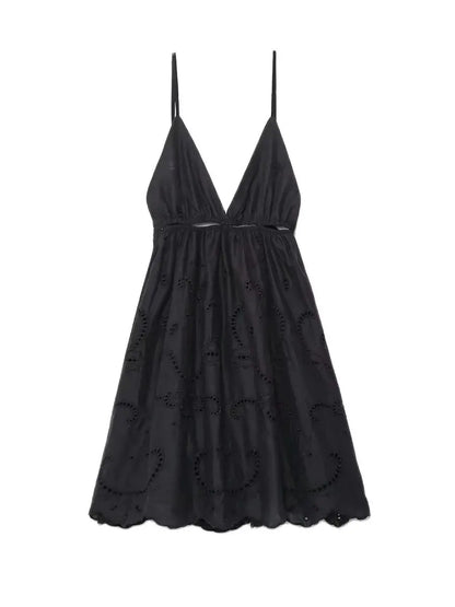 XNWMNZ 2024 Women Fashion Hollow out Embroidery Dress Vacation V-Neck Thin Strap Open Back Female Chic Mini Dresses