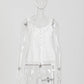 2024 New White Lace Tied Square Neck Summer T-shirts Chic Elegant Short Sleeve Tee Cotton Y2K Street Casual Bow Tie-up Top Women