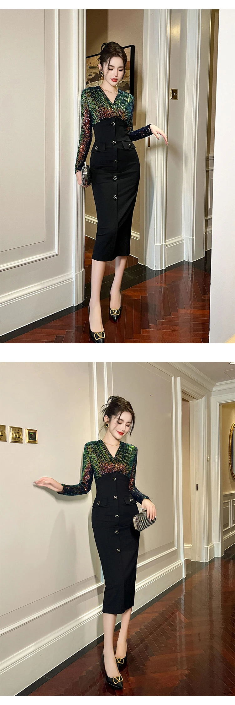 Luxury Elegant Annual Party Dress Women French Colorful Sequins Black Bodycon Single Breasted Robe Femme Banquet Prom Vestidos
