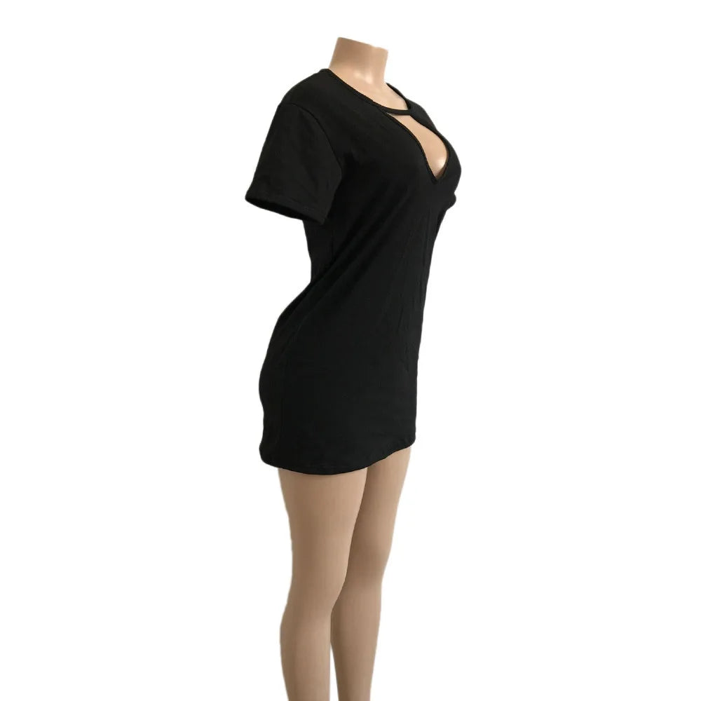 Summer Sexy Mini Black Dress 2025 V Neck Cut Out Loose Dress Women Elegant Short Sleeve Club Party Dress Solid Color Streetwear