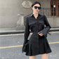 HOUZHOU Black Shirt Dress Women Elegant Vintage Long Sleeve Dresses Sexy Gothic Pleated Streetwear Turn-down Collar Casual Robe
