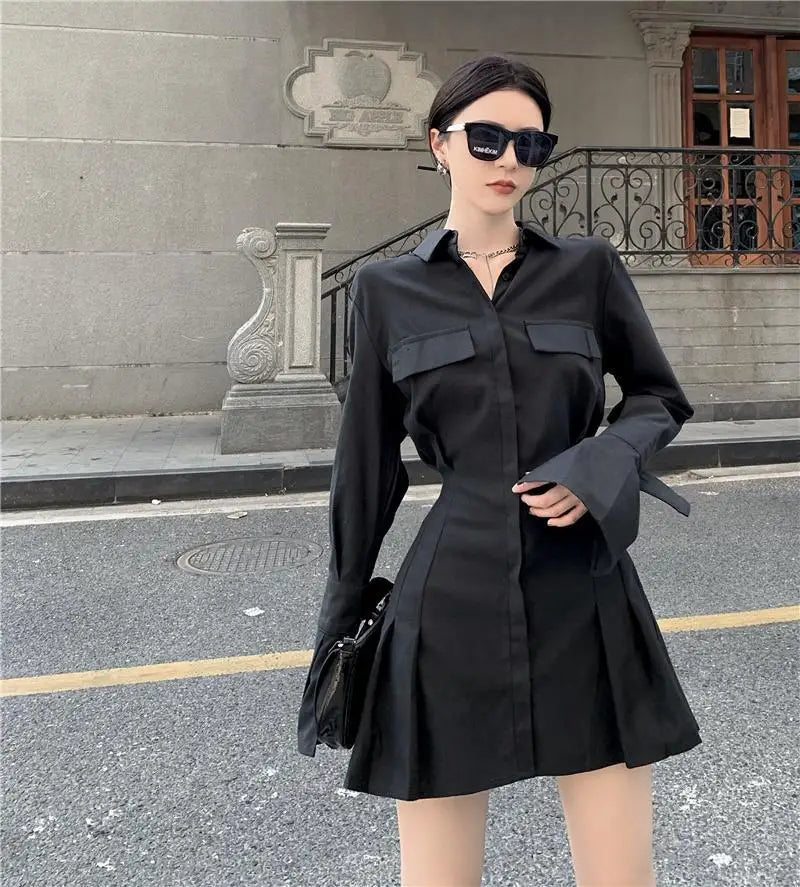 HOUZHOU Black Shirt Dress Women Elegant Vintage Long Sleeve Dresses Sexy Gothic Pleated Streetwear Turn-down Collar Casual Robe