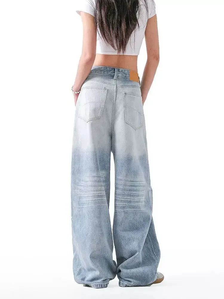Retro American Light Blue Denim Jeans Loose Wide Leg Straight Floor-Length Trousers for Men And Women Autumn Fashion Brand