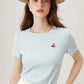 FSLE Cherry Embroidered Short-Sleeved Knitted Summer Women T-Shirt 2024 Summer New Round Neck Ruffled Ladies Top 24FS12400