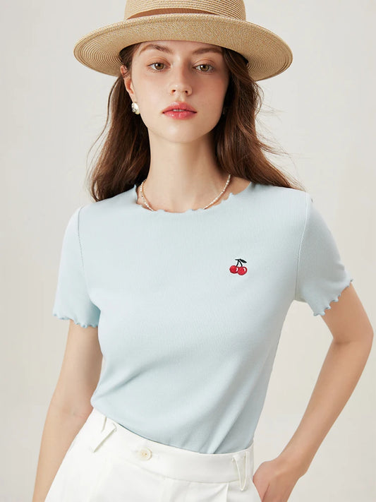 FSLE Cherry Embroidered Short-Sleeved Knitted Summer Women T-Shirt 2024 Summer New Round Neck Ruffled Ladies Top 24FS12400