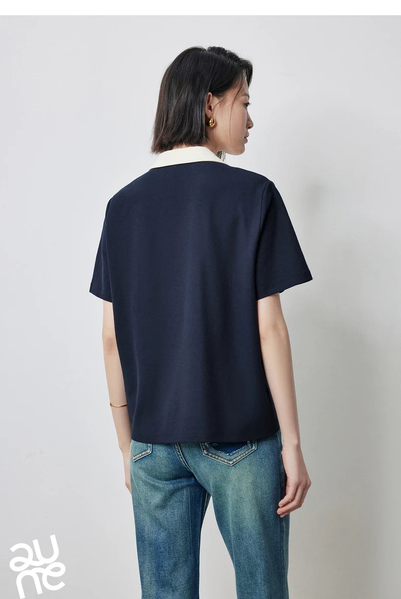 TOYOUTH Women Contrasting Colors POLO Collar T-shirt 2025 Summer New Short Sleeved Top