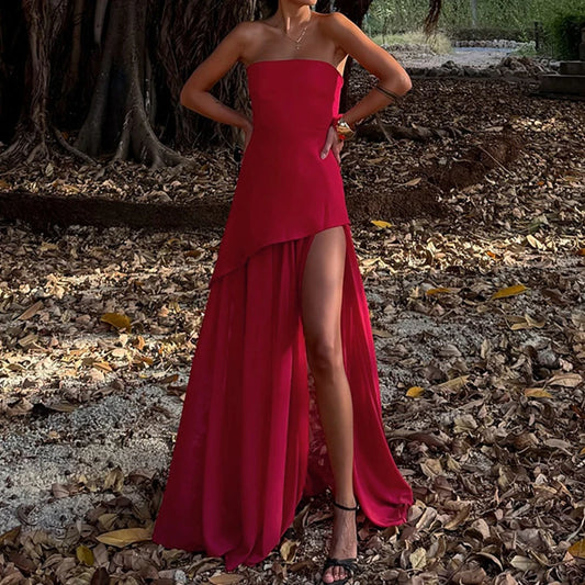 Casual Mesh Patchwork Women's Long Dress Fashion Strapless Split Banquet Dress 2025 Spring Summer Elegant Solid Holiday Dresses