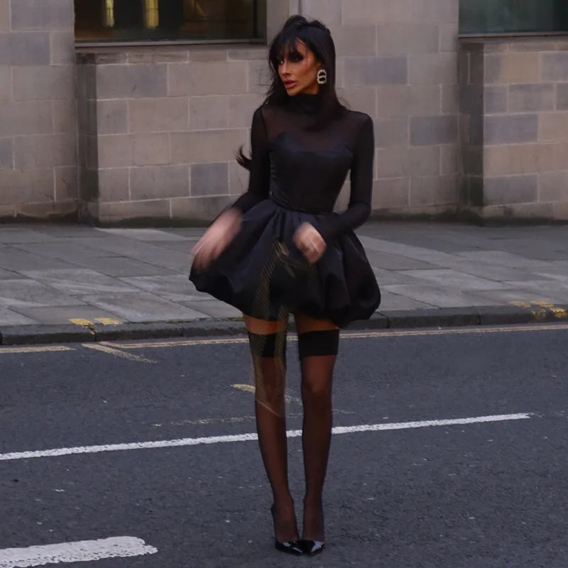 Talenza Black Mesh Sexy Mini Dress Female High Waisted Sheer Long Sleeve Patchwork A-Line Short Dress Luxury Party Evening Dress