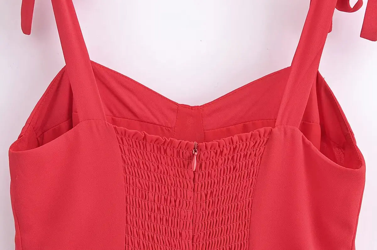 French Red Holiday Party Sling Summer Dress For Women Bow Shoulder A-line Slim Midi Chiffon Dresses