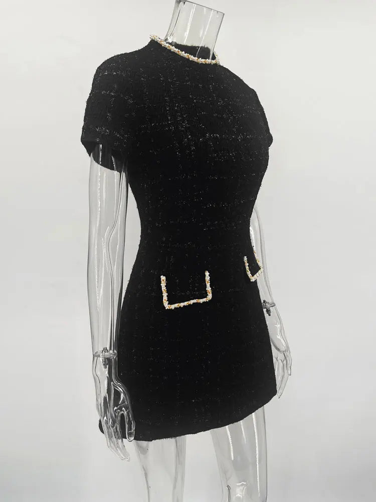 Tosssy Shiny Elegant Female MIni Dress Pocket Short Sleeve Patchwork Fashion Slim Party Dress Gown Women's Glitter Vntage Dress