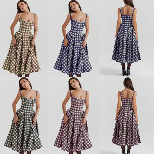 Women's French Style Long Dress with Solid/Floral/Checkered Multi Color Options Knee-Length Dress 2025 New Arrival