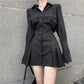 HOUZHOU Black Shirt Dress Women Elegant Vintage Long Sleeve Dresses Sexy Gothic Pleated Streetwear Turn-down Collar Casual Robe