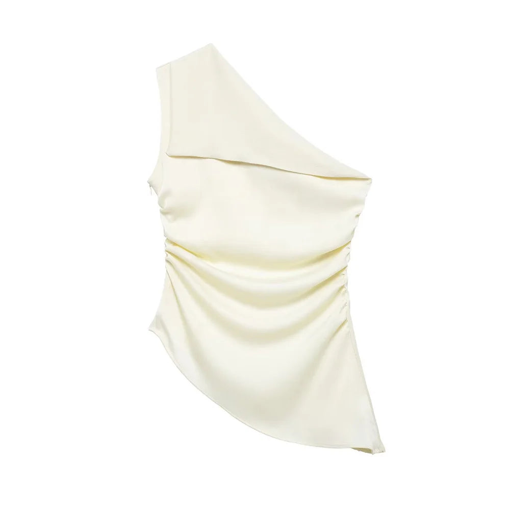 TRZA Women's Asymmetric Draped Blouse One Shoulder Side Zipper Chic Fashion Top Female Shirt