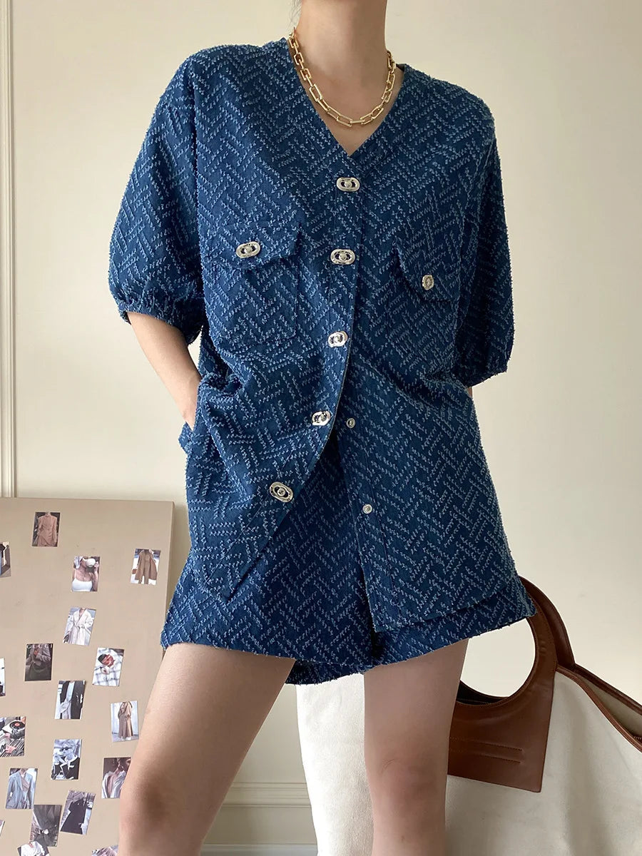 Women's Denim Short Sleeve Top and Shorts Two Piece Suit French Fashion Spring Summer Cowgirl Top Streetwear Korean Leisure New