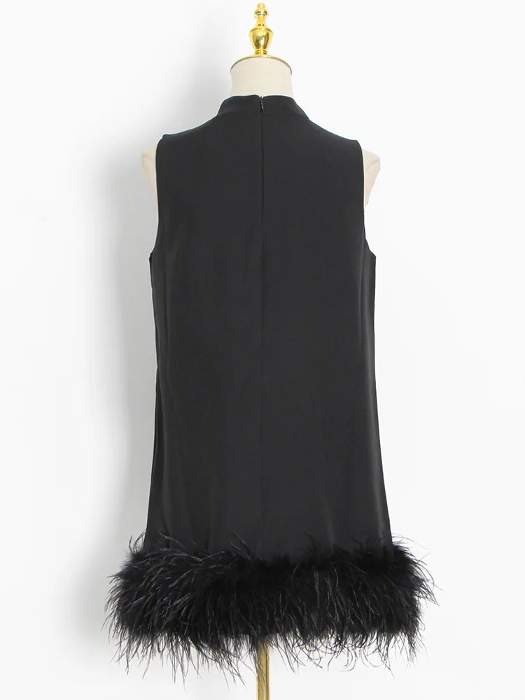 TWOTWINSTYLE Feather Fur Dress For Women O Neck Sleeveless Loose Tassel A Line Dresses Female Streetwear 2022 Summer Fashion New