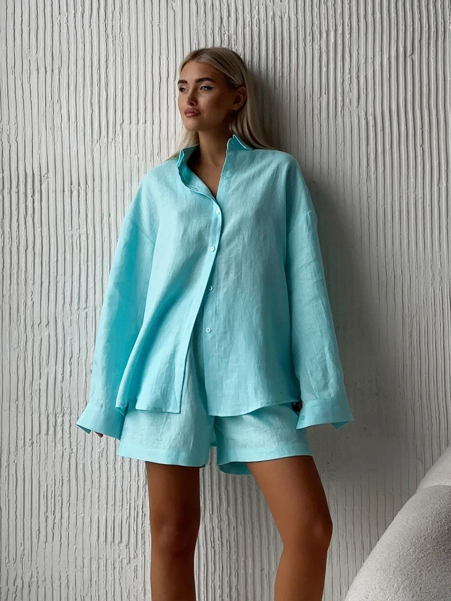 Wolfeel Women's Casual Shorts Sets 100% Cotton Solid Color Cozy Lapel Long Sleeve Shirt Summer New Elastic Waist Shorts Suits